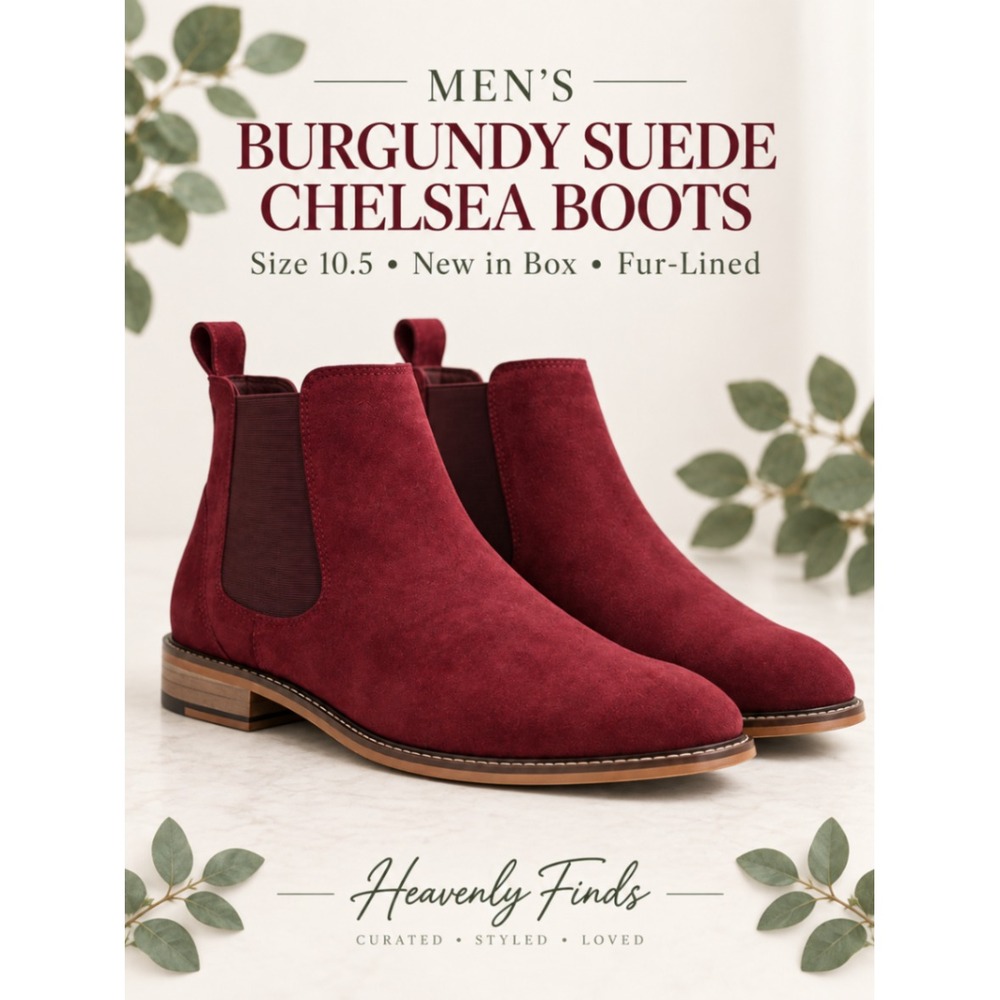 Men's Burgundy Suede Chelsea Boots 10.5 Fur Lined New in Box Ankle Dress Boots